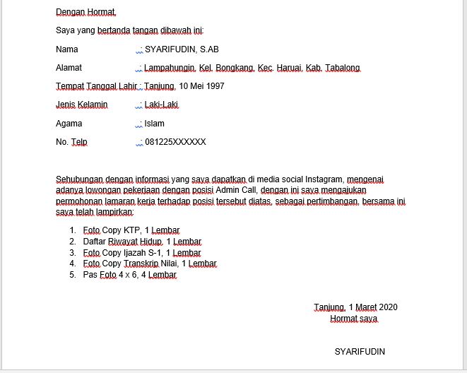 Download 10 Contoh Surat Lamaran Kerja Nomer 3