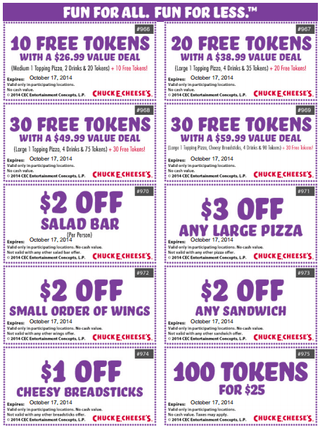 Detail 100 Tokens For 20 Chuck E Cheese Nomer 17