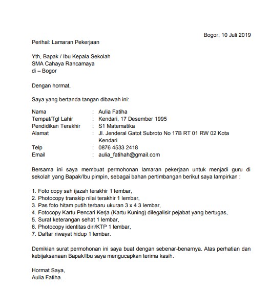 Detail 7 Contoh Surat Lamaran Kerja Nomer 49