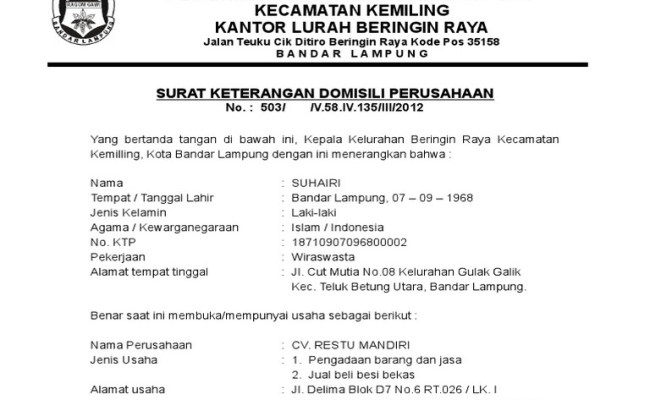 Detail Biaya Pembuatan Surat Keterangan Domisili Perusahaan Nomer 31