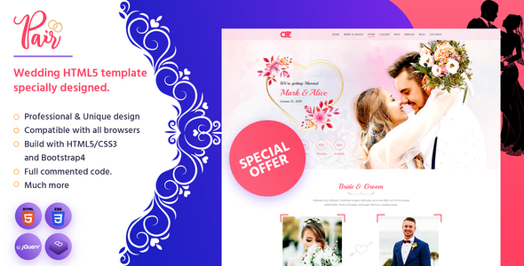 Detail Bootstrap 4 Wedding Template Nomer 21