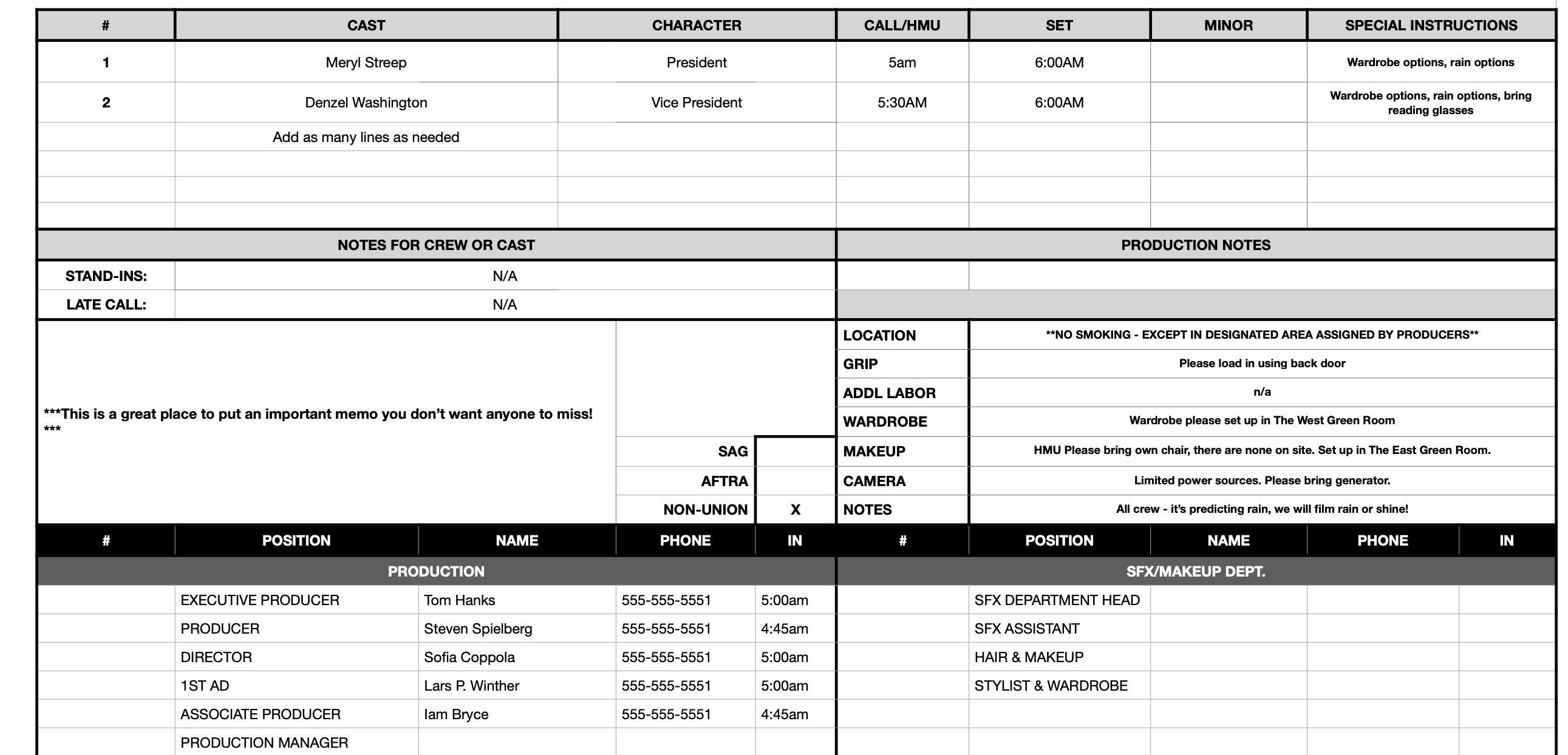 Detail Call Sheet Template Nomer 54