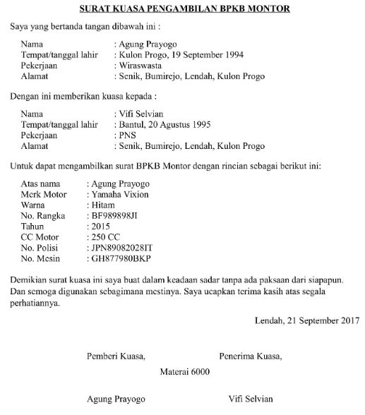 Detail Cara Buat Surat Kuasa Pengambilan Bpkb Nomer 19