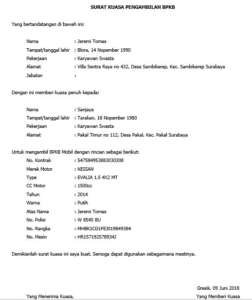 Detail Cara Membuat Surat Kuasa Pengambilan Bpkb Nomer 31