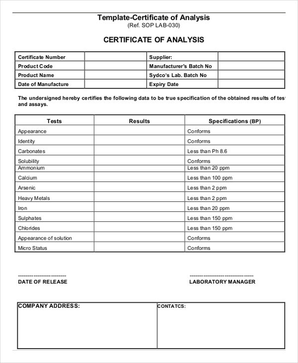 Detail Certificate Of Analysis Template Word Nomer 2