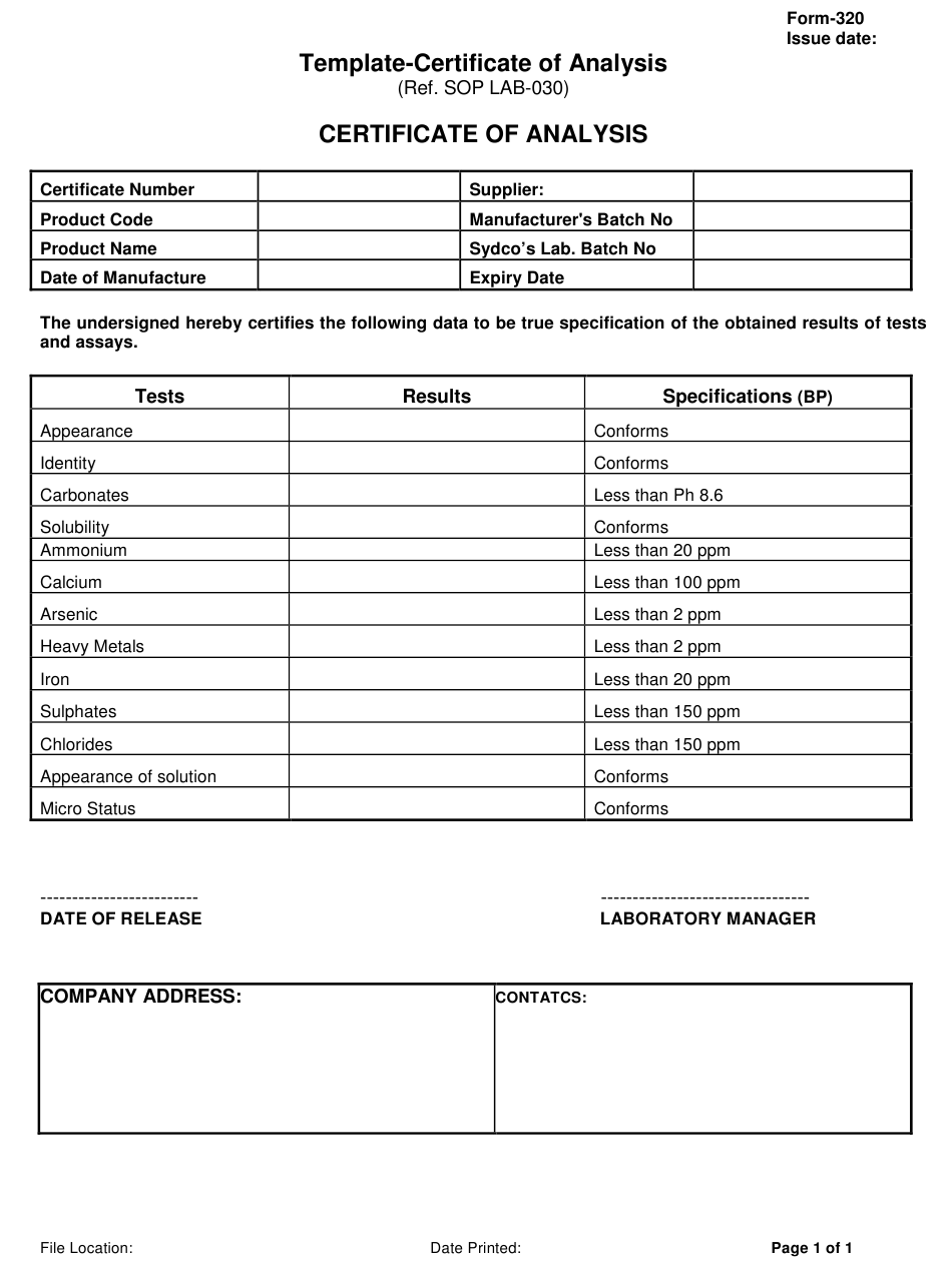 Detail Certificate Of Analysis Template Word Nomer 11