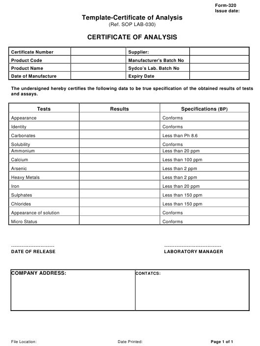 Detail Certificate Of Analysis Template Word Nomer 16