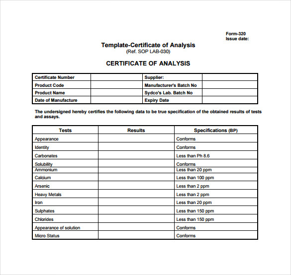 Detail Certificate Of Analysis Template Word Nomer 3