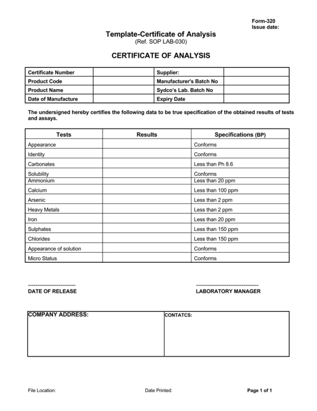 Detail Certificate Of Analysis Template Word Nomer 6