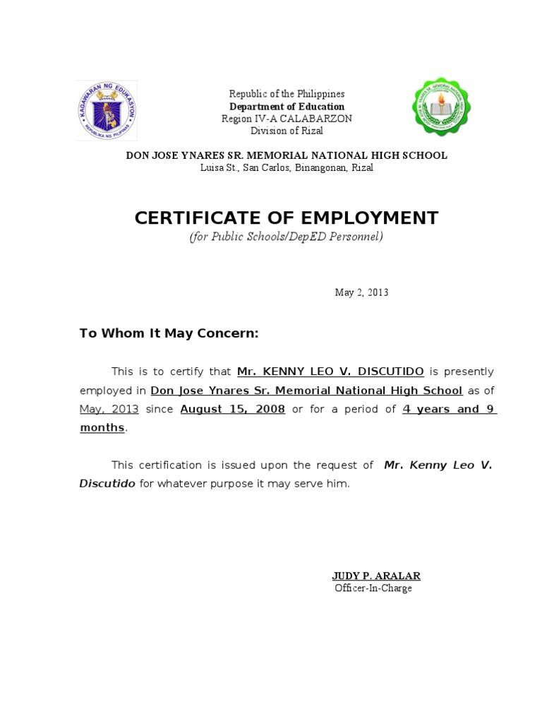 Detail Certificate Of Employment Template Nomer 2