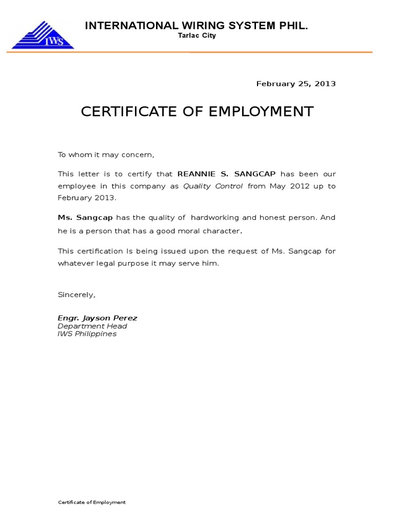 Detail Certificate Of Employment Template Nomer 53