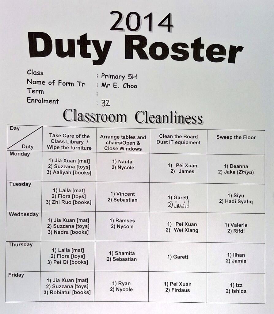 Detail Class Duty Roster Template Nomer 5