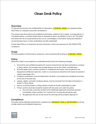 Clean Desk Policy Checklist Template - KibrisPDR