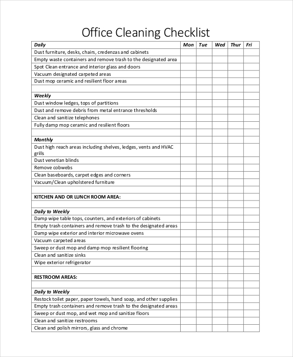 Detail Cleaning Checklist Template Nomer 44