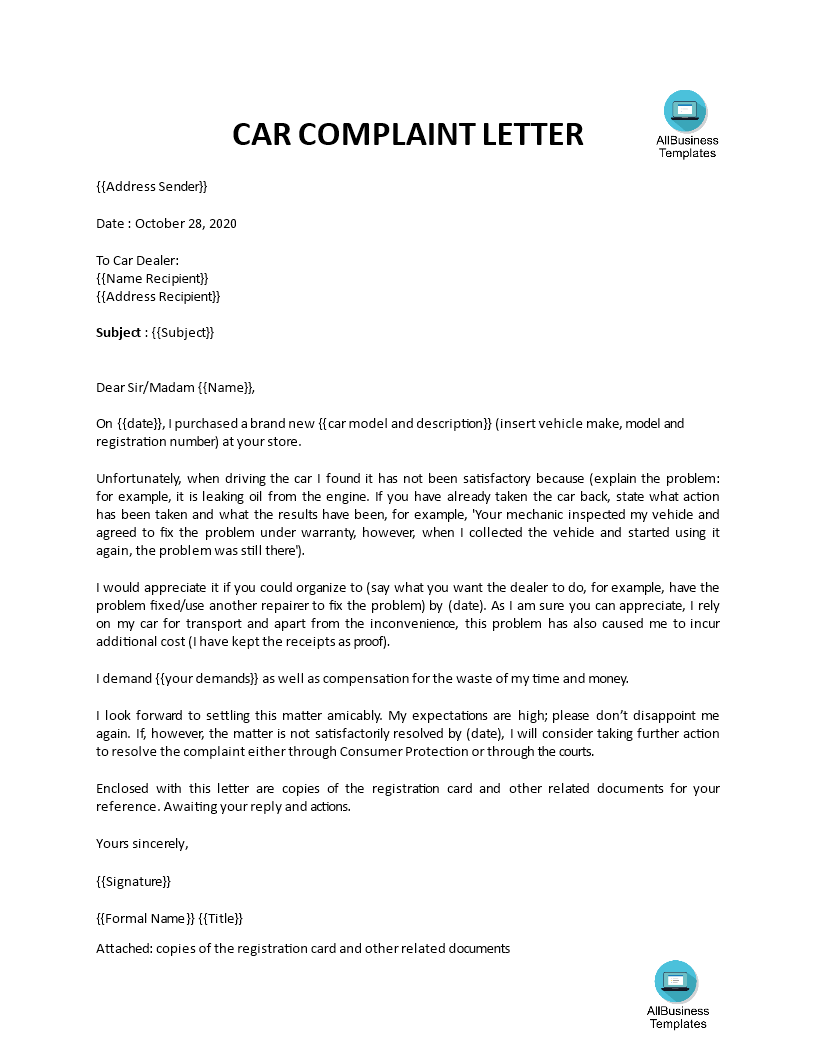 Detail Complaint Letter Template For Faulty Car Nomer 2