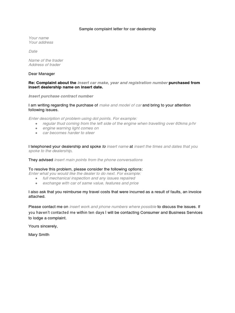 Detail Complaint Letter Template For Faulty Car Nomer 10