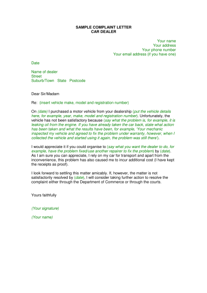 Detail Complaint Letter Template For Faulty Car Nomer 5