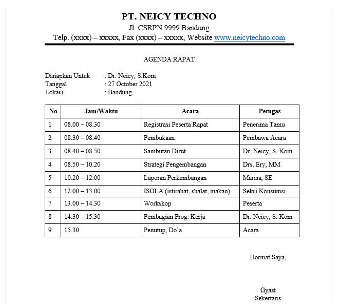 Detail Contoh Agenda Rapat Nomer 9