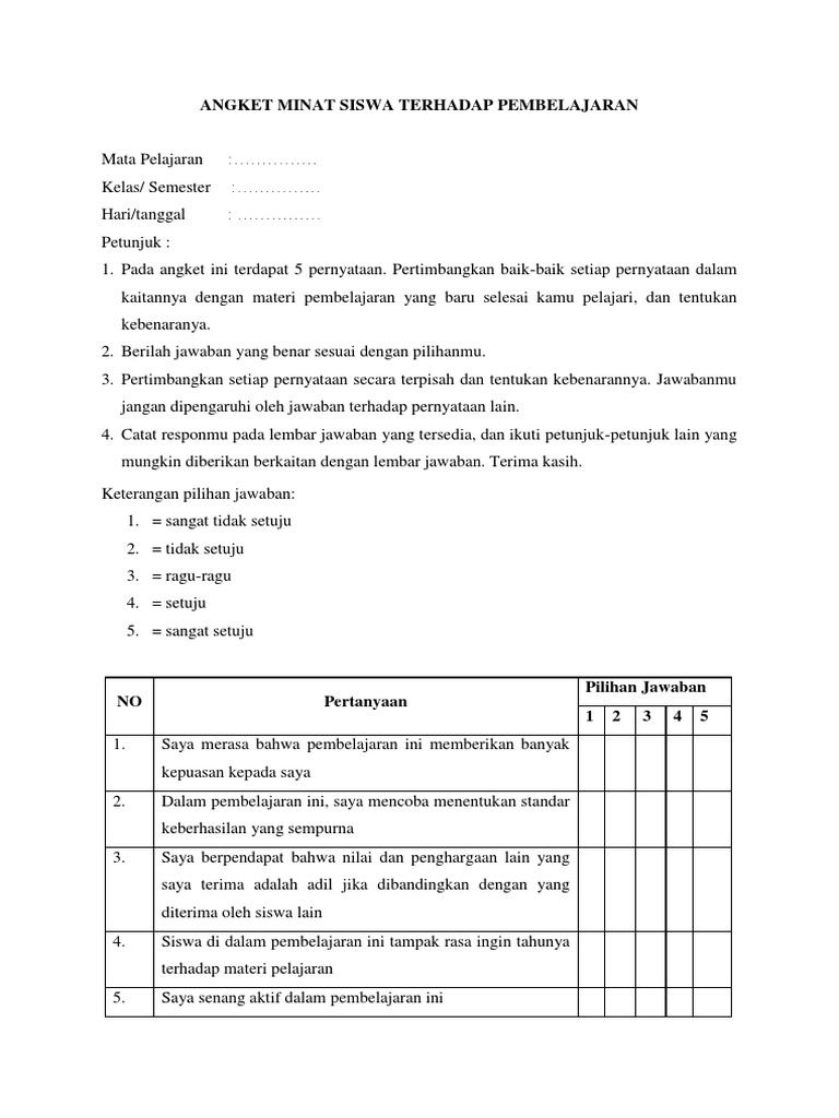 Detail Contoh Angket Untuk Siswa Nomer 19