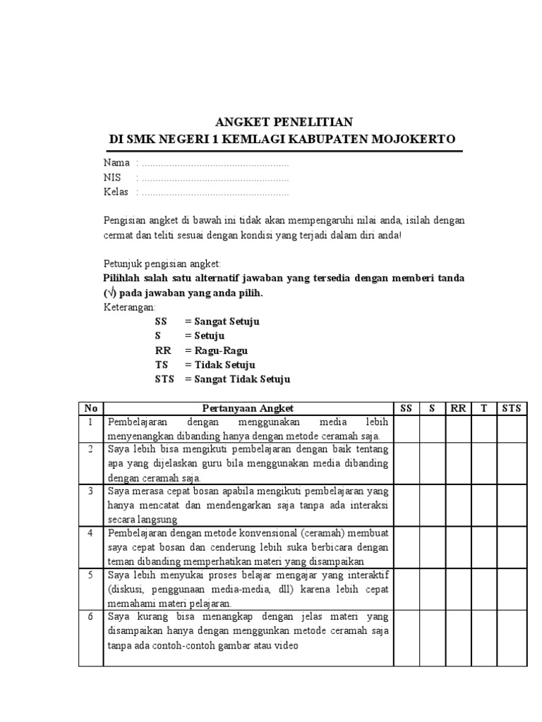Detail Contoh Angket Untuk Siswa Nomer 27
