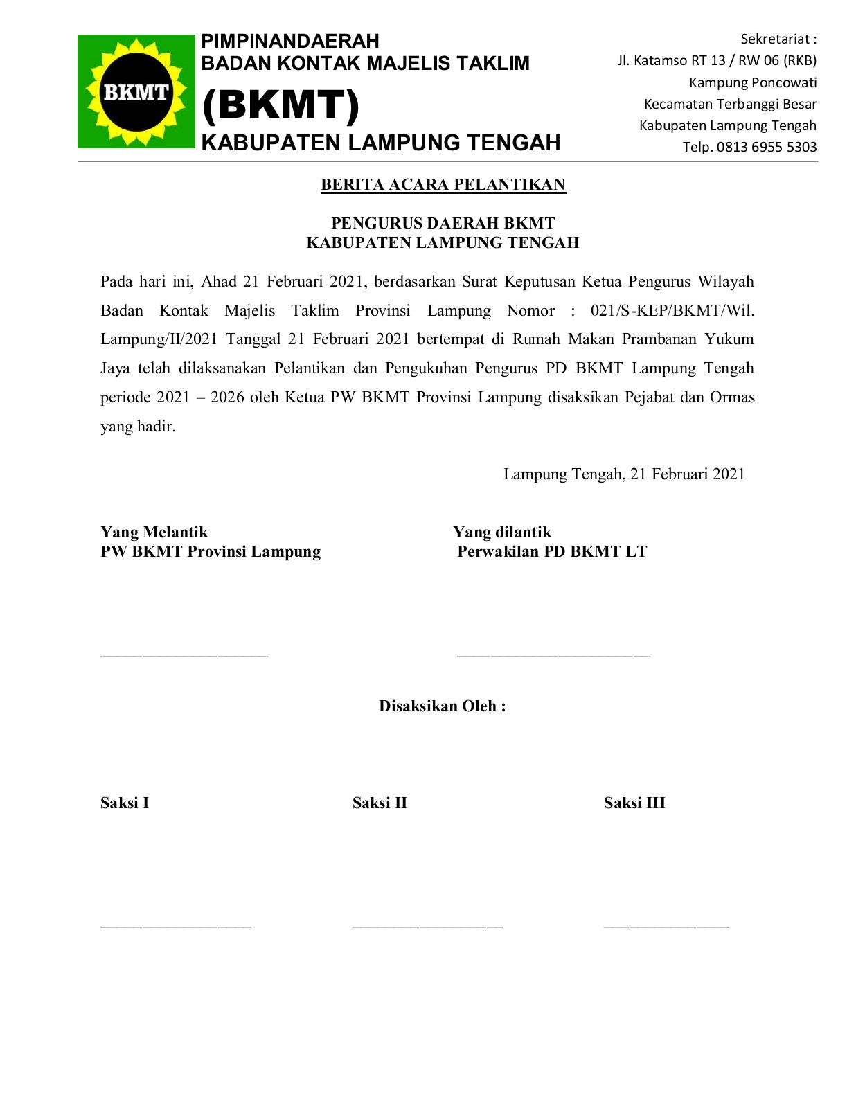 Detail Contoh Berita Acara Pelantikan Nomer 2