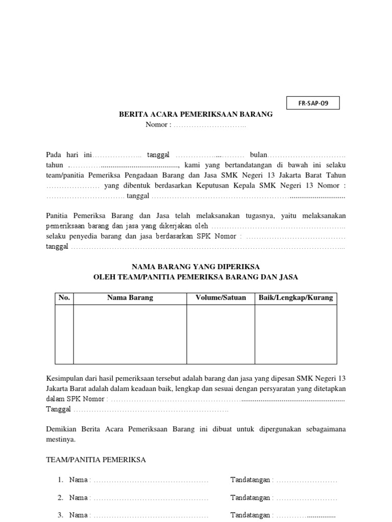 Detail Contoh Berita Acara Pemeriksaan Barang Nomer 6