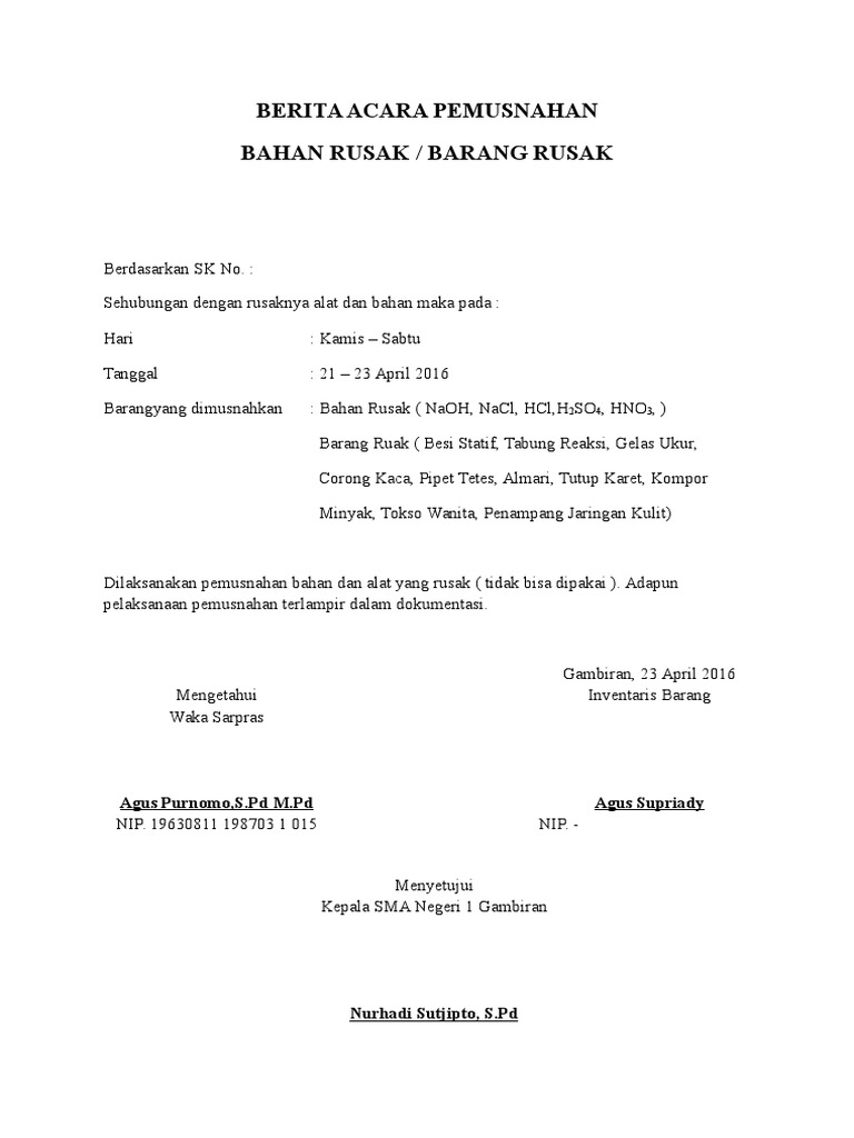 Detail Contoh Berita Acara Pemusnahan Barang Nomer 4