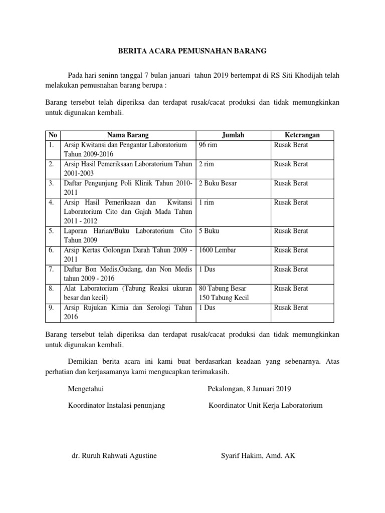 Detail Contoh Berita Acara Pemusnahan Barang Nomer 9