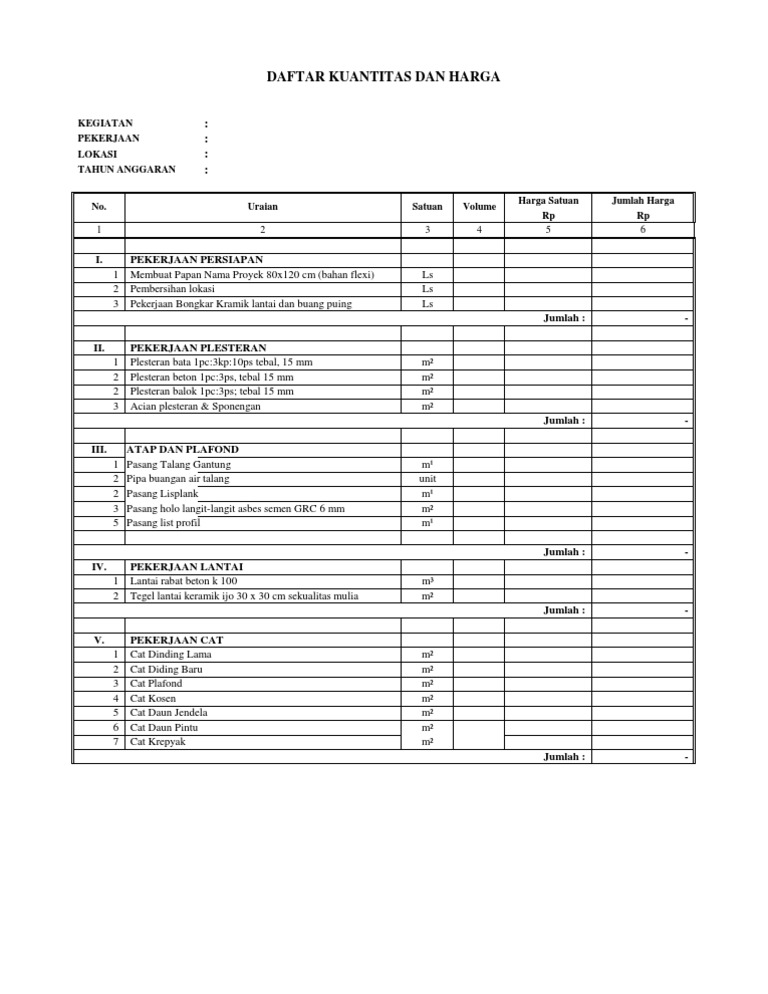 Detail Contoh Bill Of Quantity Nomer 2