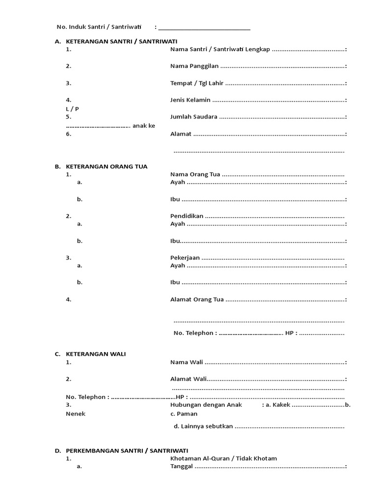 Detail Contoh Buku Induk Santri Nomer 2