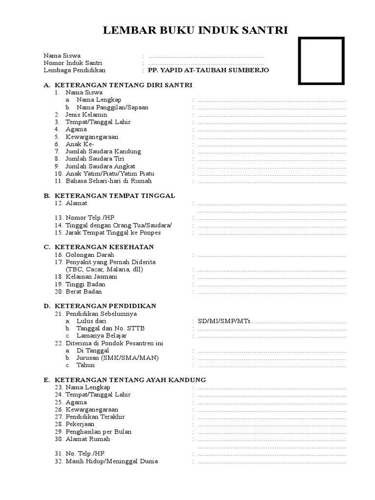 Detail Contoh Buku Induk Santri Nomer 13