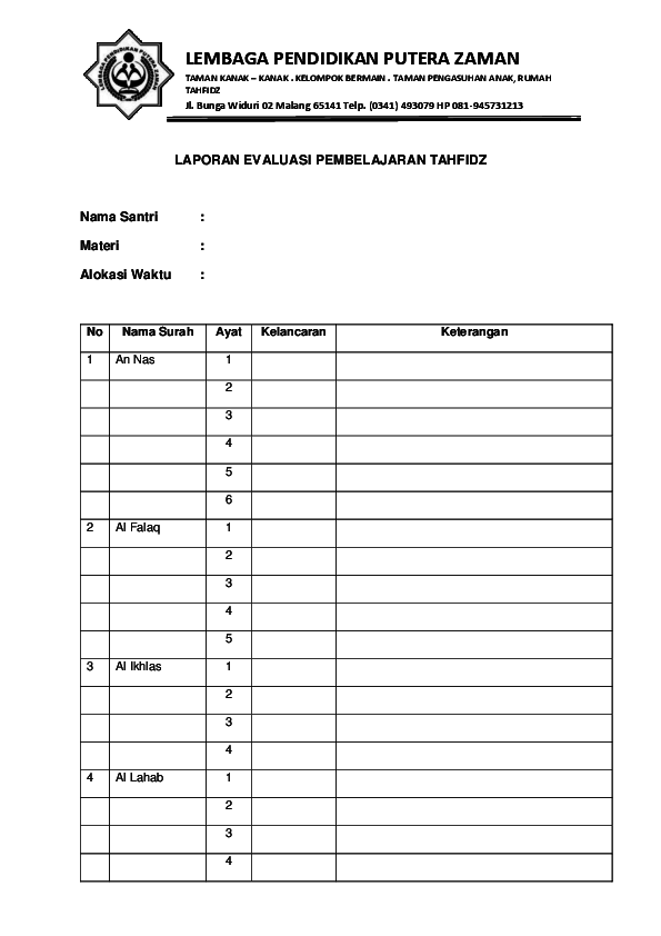 Detail Contoh Buku Laporan Tahfidz Nomer 5