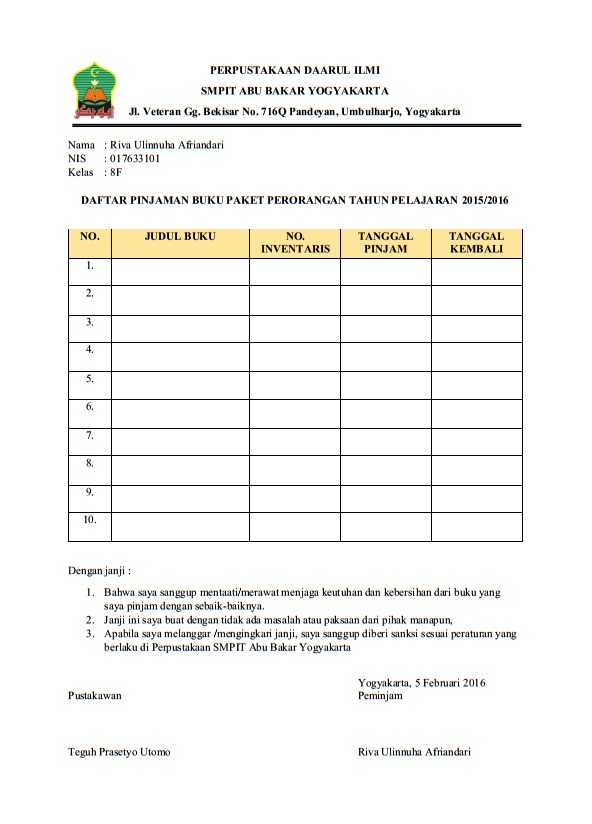 Detail Contoh Buku Peminjaman Perpustakaan Nomer 11