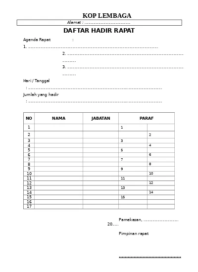 Detail Contoh Daftar Hadir Rapat Nomer 18