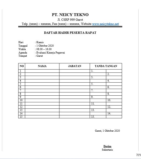 Detail Contoh Daftar Hadir Rapat Nomer 3