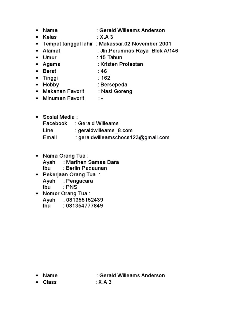 Detail Contoh Identitas Diri Dalam Bahasa Inggris Nomer 25