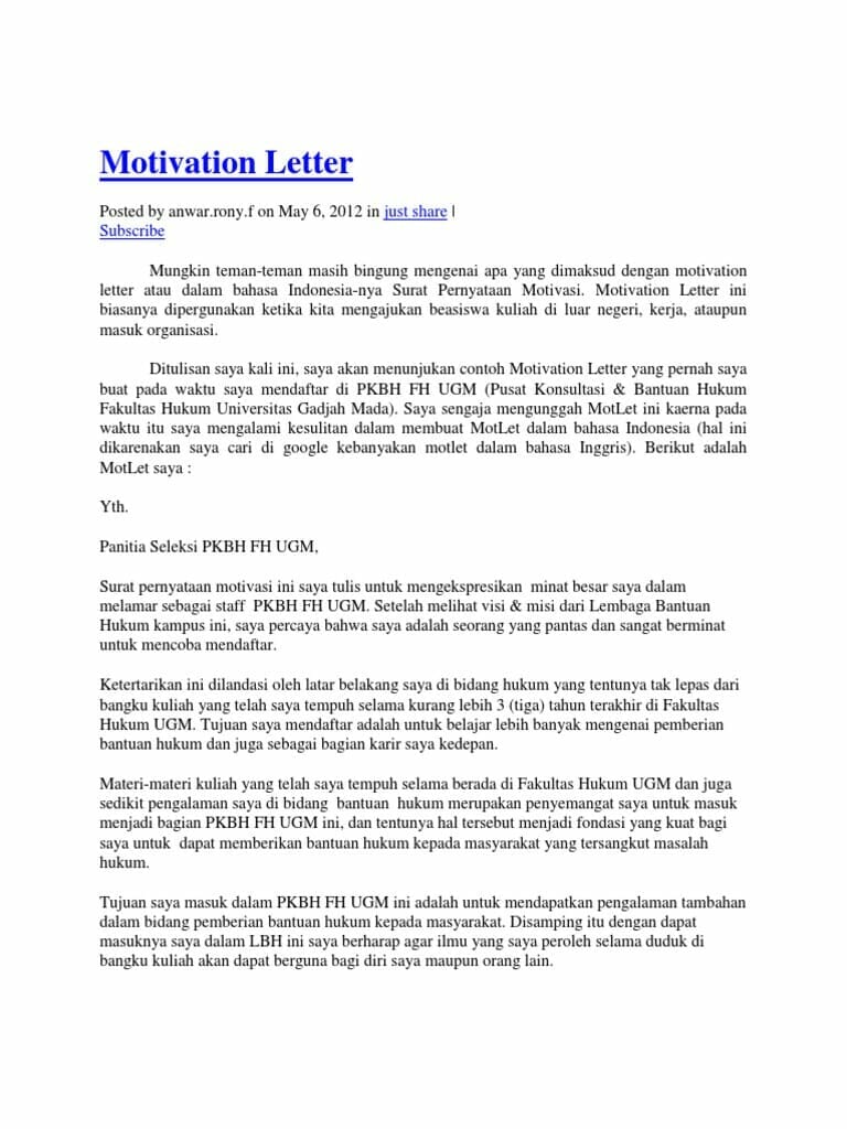 Detail Contoh Motivation Letter Bahasa Inggris Nomer 7