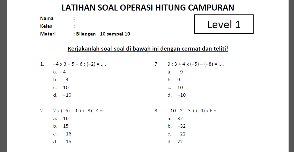 Detail Contoh Operasi Hitung Bilangan Bulat Nomer 15