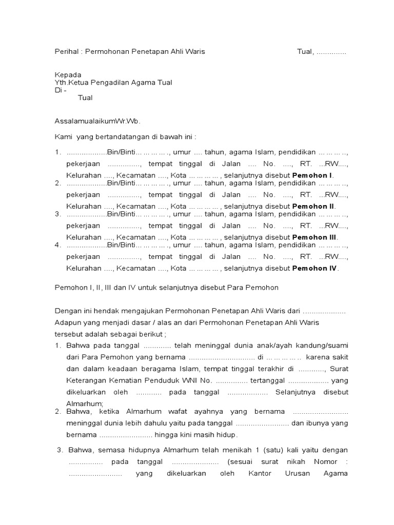 Detail Contoh Permohonan Penetapan Ahli Waris Nomer 4