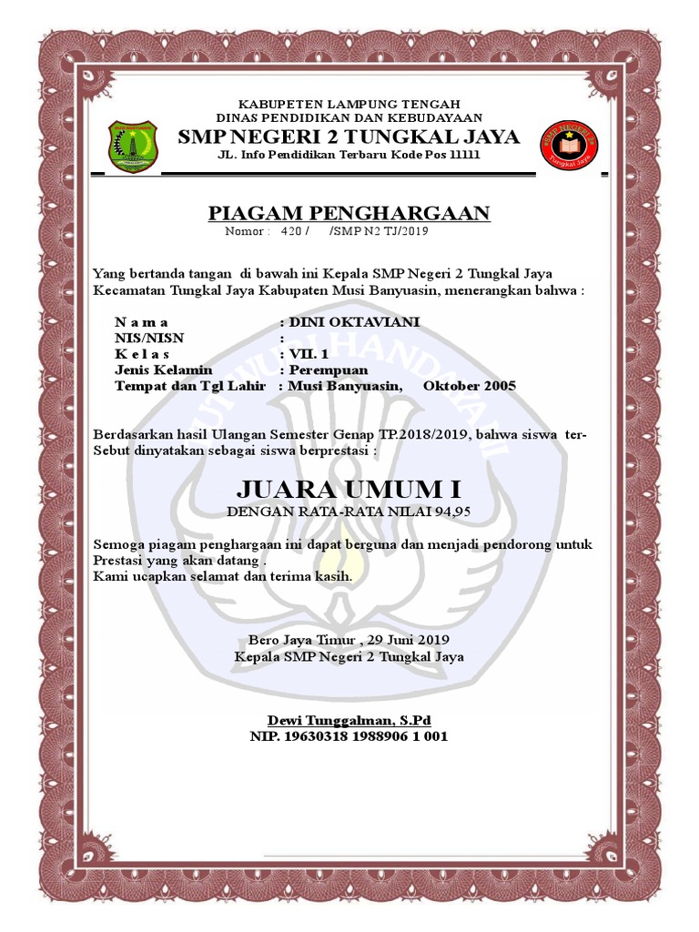 Detail Contoh Piagam Penghargaan Siswa Berprestasi Nomer 12