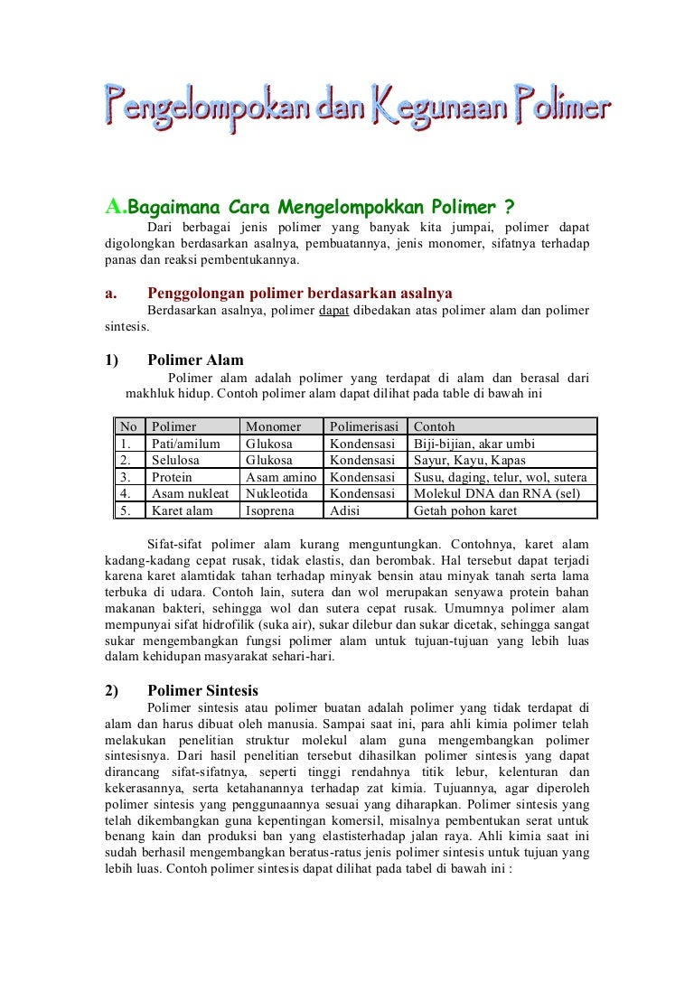 Detail Contoh Polimer Dan Kegunaannya Yang Tepat Adalah Nomer 33