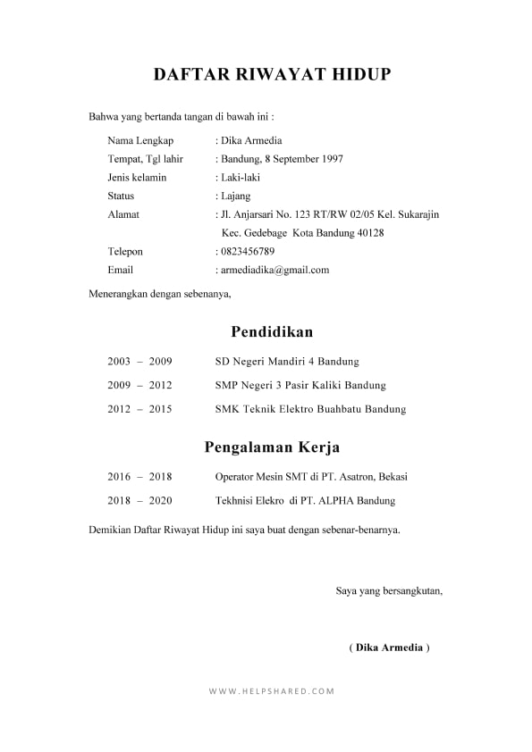 Contoh Riwayat Hidup Untuk Lamaran Pekerjaan - KibrisPDR