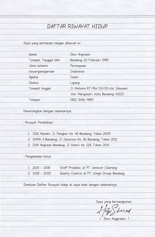 Detail Contoh Riwayat Hidup Untuk Melamar Kerja Nomer 53