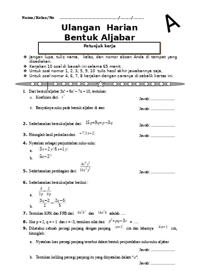 Detail Contoh Soal Aljabar Dan Jawabannya Nomer 36