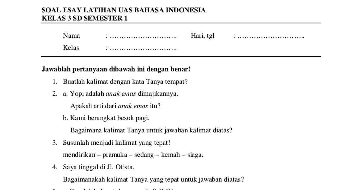 Detail Contoh Soal Bahasa Indonesia Kelas 1 Nomer 11