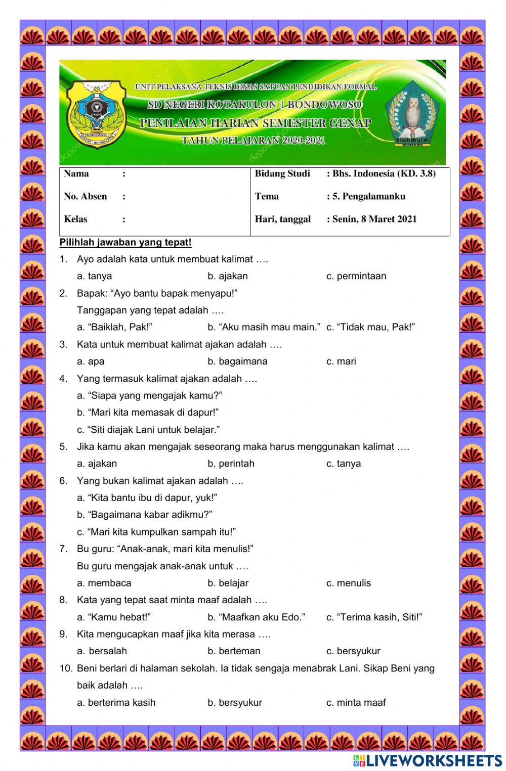 Detail Contoh Soal Bahasa Indonesia Kelas 1 Nomer 13