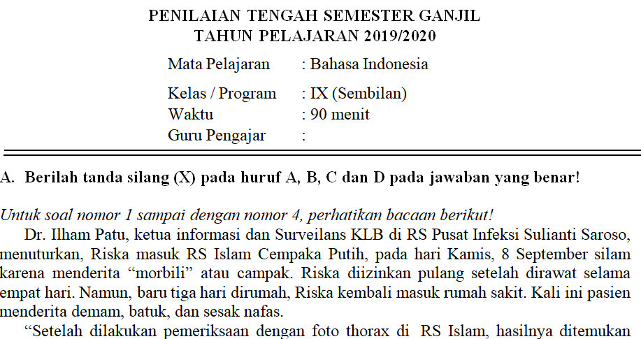 Contoh Soal Bahasa Indonesia Kelas 9 Semester 1 Beserta Jawabannya - KibrisPDR