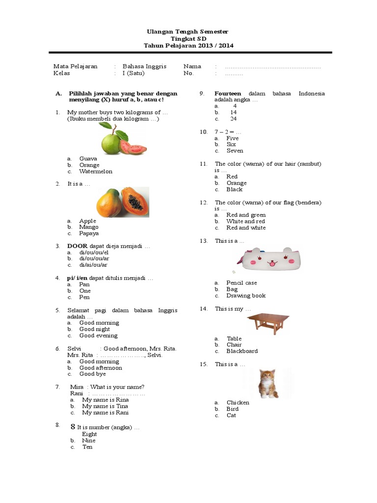 Detail Contoh Soal Bahasa Inggris Kelas 1 Nomer 2