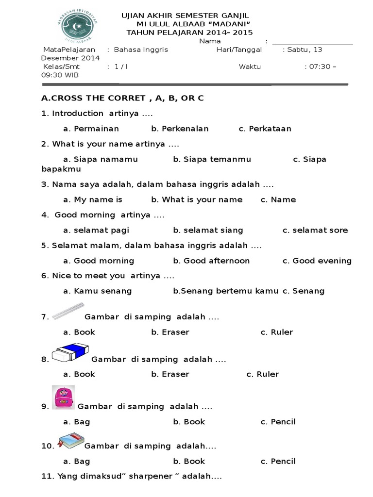 Detail Contoh Soal Bahasa Inggris Kelas 1 Nomer 9