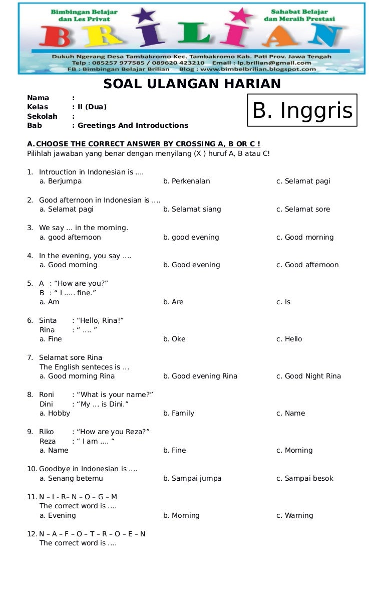 Contoh Soal Bahasa Inggris Kelas 2 Sd - KibrisPDR